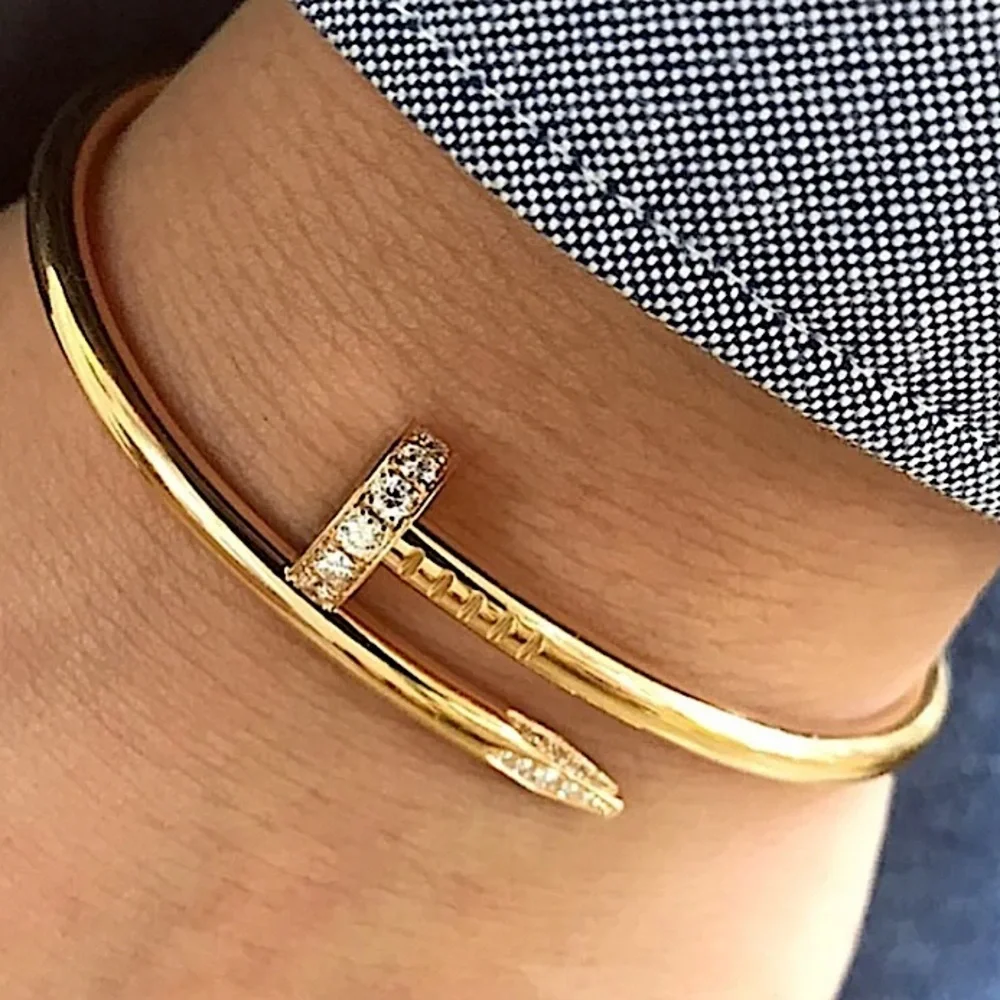 NWOT Elegant Gold Nail-Style Cuff Bracelet W/ Stones. Popular designerclick lock